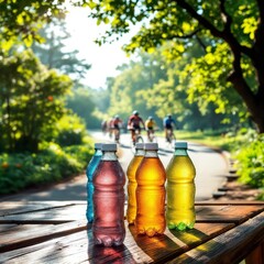 Electrolyte drink bottles with condensation, outdoor cycling scene
