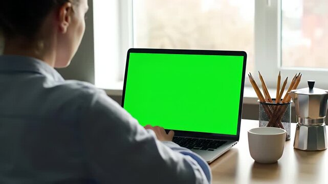 Over the shoulder view of a woman working from home on a laptop with a green screen. Chroma key display for business or online content