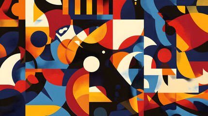 Abstract geometric composition featuring circles squares and triangles in bold colors and black background