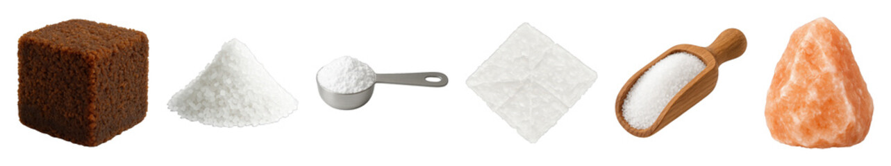 Salt and sugar set including brown sugar, coarse, fine, crystal, and Himalayan pink varieties isolated. Cooking and seasoning ingredients collection.