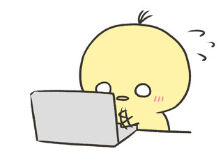 慌ててパソコン作業するヒヨコ