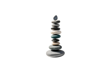 tall cairn of smooth, flat grey and green pebbles, no background