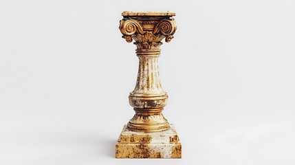 Antique corinthian column displaying detailed architecture and golden accents against a white backdrop photo