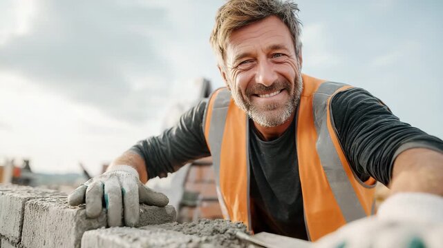 Charismatic builder at work. He is wearing gloves and a vest, ready to build. Perfect for repair content.