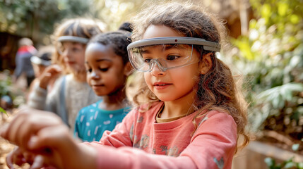 Multi-ethnic students working together on nature-based learning project with magnifying glasses, demonstrating inclusive education, teamwork, and environmental science exploration
