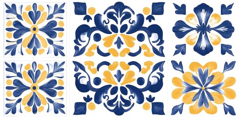 Blue and yellow ornamental floral tiles with symmetrical patterns