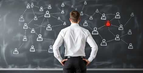 Businessman analyzing social network structure with human icons and connections on chalkboard background, symbolizing business leadership concept. Ai generative