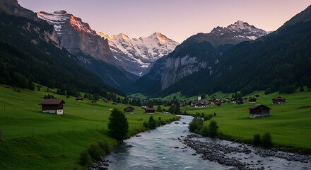 Picturesque alpine valley panorama, a serene blend of nature's grandeur and rural serenity