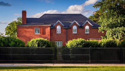 Obraz premium elegant black metal fence design in front of a charming red brick house surrounded by lush greenery on a sunny day