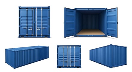 Collection of blue shipping containers in various views
