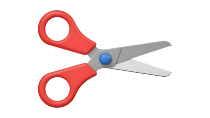 Red scissors cut paper craft sharp tool blade school office supply stationery equipment design isolated 3d render on transparent background