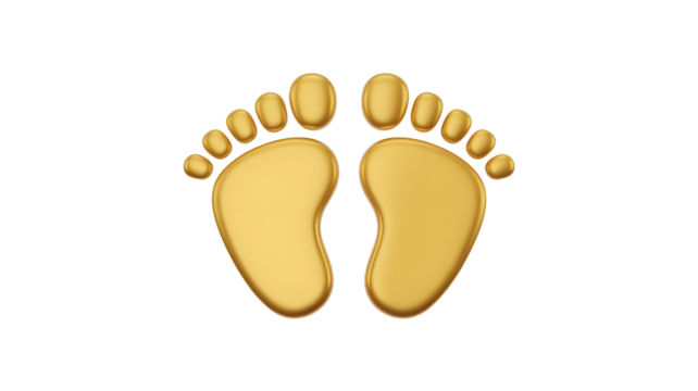 Golden footprints foot feet baby toddler walk step gold shiny print path travel journey newborn symbol on transparent background