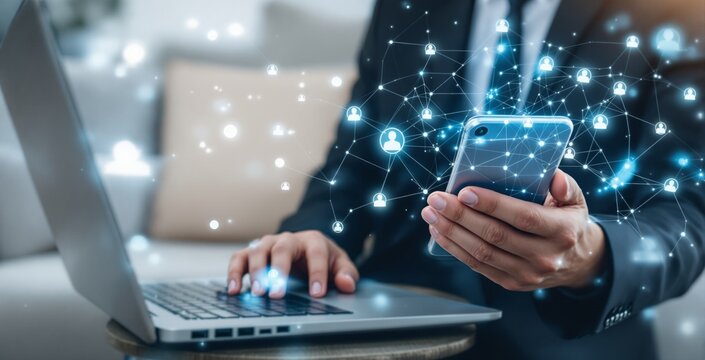 Businessman using smartphone and laptop with network connection icons symbolizing digital communication concept in modern workspace environment. Ai generative