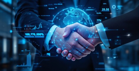 Digital business handshake with global data concept and futuristic technology interface in corporate setting showing partnership and innovation idea. Ai generative
