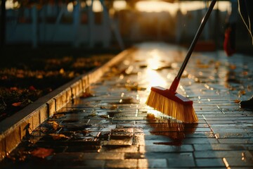 Cleaning rustic patio tiles at sunset with a broom Generative AI