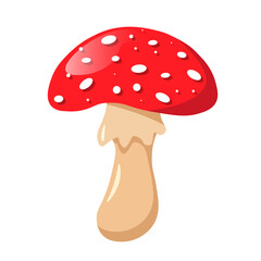 Fly Agaric Mushroom in Flat Style isolated on white background. Mushroom with Red Caps with White Spots. Fly Agaric Forest Icon Sticker Element. Vector Illustretion Seasonal Food. Poisonous Mushroom.