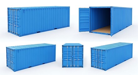 Collection of blue shipping containers in various views