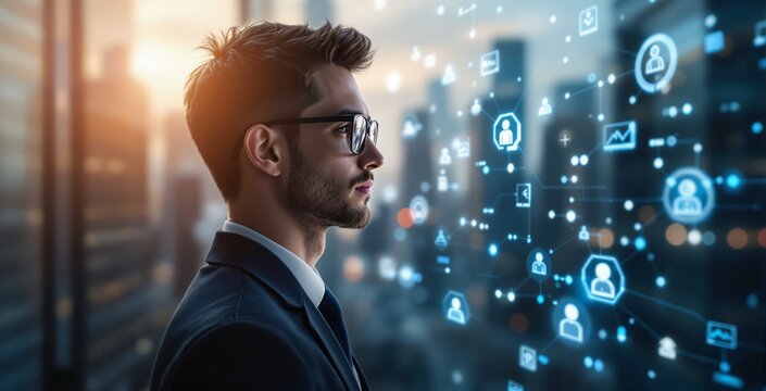 Business professional analyzing digital network interface with futuristic icons and data connections on cityscape background at sunset. Ai generative