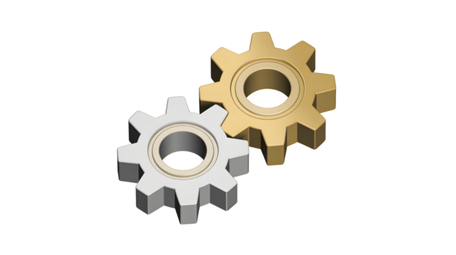 Gears mechanism cogwheel engineering technology machine industry mechanical teamwork metal process system 3d gold on transparent background
