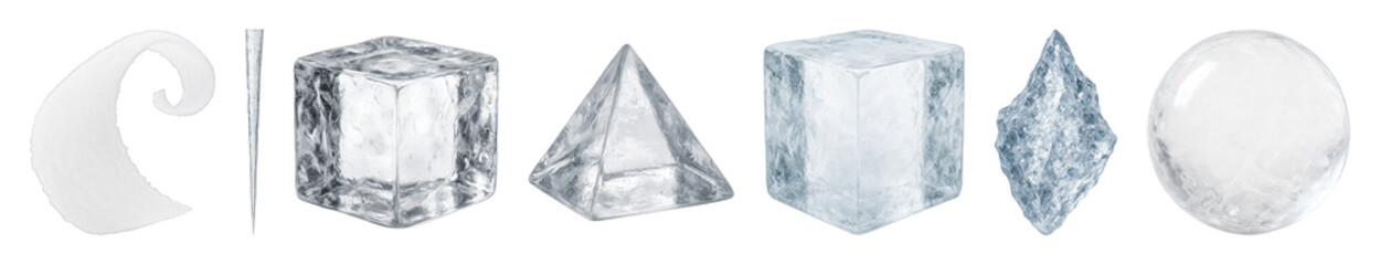 Obraz premium Ice element set including cubes, pyramid, sphere, and jagged shards isolated. Refreshing drinks and winter concepts.
