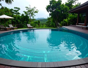 Round pool nestled in tropical garden