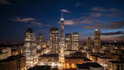 AI-generated time-lapse of city skyline illuminated with glowing skyscrapers under evening sky - Powered by Adobe