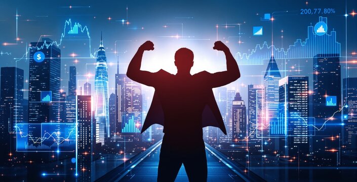 Confident businessman in superhero pose overlooking futuristic city skyline with financial charts and graphs glowing in digital interface concept.. Ai generative
