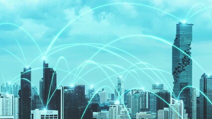 Smart digital city with connection network reciprocity over the cityscape . Concept of future smart wireless digital city and social media networking systems that connects people within the city . - Powered by Adobe