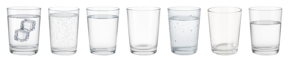 Glass of water set including ice, sparkling, still, empty, condensed, and half-full states isolated. Hydration and beverage collection.