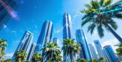 Futuristic skyscrapers with financial data overlay and palm trees under clear blue sky illustrating modern business growth concept. Ai generative