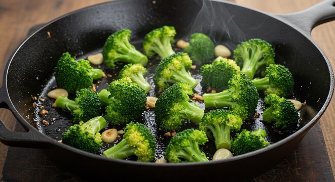 Sizzling broccoli florets and slivered garlic in a cast iron skillet a culinary masterpiece ready