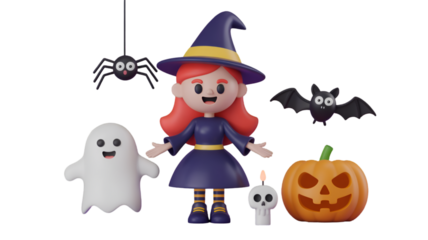 Cute 3D Halloween Characters with Witch, Ghost, Bat, and Pumpkin