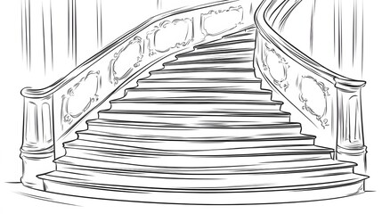 Elegant Grand Staircase Sketch Drawing, Ornate Railing, Curved Steps, Interior Design Illustration