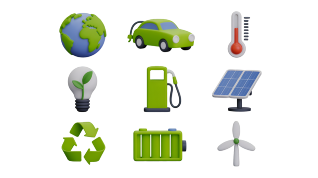 Eco-Friendly Icons: Earth, Electric Car, Thermometer, Lightbulb, Gas Pump, Solar Panel, Recycle, Battery, Wind Turbine
