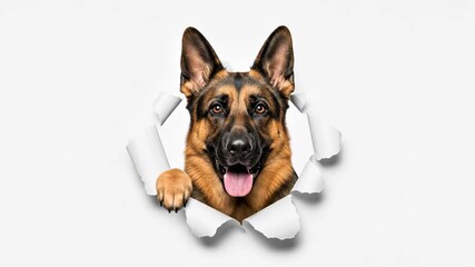 Playful German Shepherd Dog Peeking Through Hole - A German Shepherd dog playfully peers through a torn hole in a white background. Its paw is visible, and it has a happy expression. - Powered by Adobe