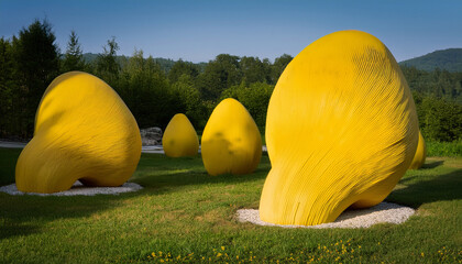 a series of abstract yellow sculptures in a natural outdoor setting inviting interaction
