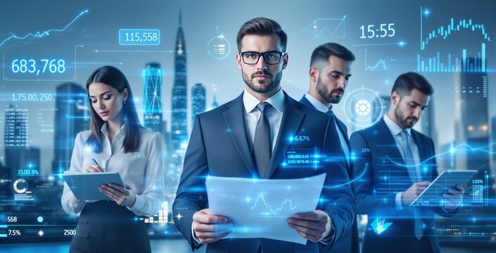 Business professionals analyzing futuristic data graphics in a modern office concept with digital financial charts and graphs overlayed on cityscape. Ai generative - Powered by Adobe
