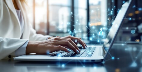 Businesswoman typing on laptop with digital network connection icons symbolizing global communication and networking concept in office environment. Ai generative