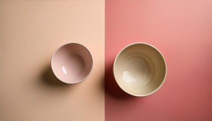 minimalistic photo features an empty bowl and cup arranged on a split pink and beige pastel colored background