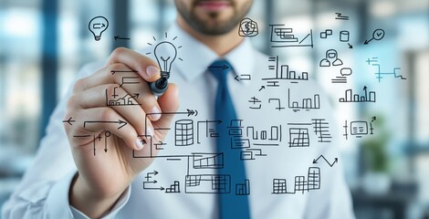 Businessman drawing business concept icons on transparent screen in office environment with infographics, statistics and light bulb symbol. Ai generative