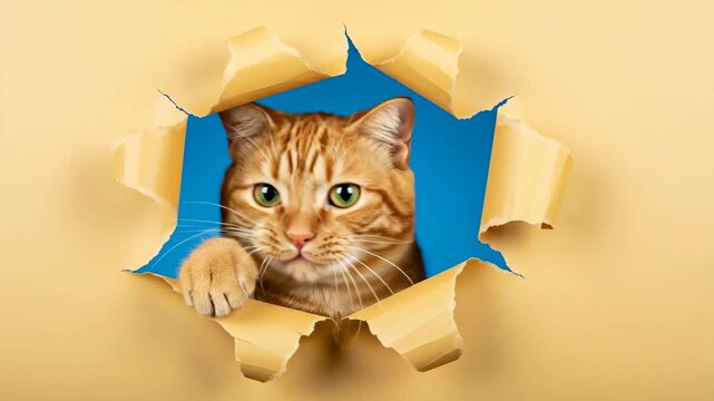 Ginger Cat Peeking Through Torn Paper - An adorable ginger cat with bright green eyes playfully peeks through a hole in a piece of yellow paper against a vibrant blue background.