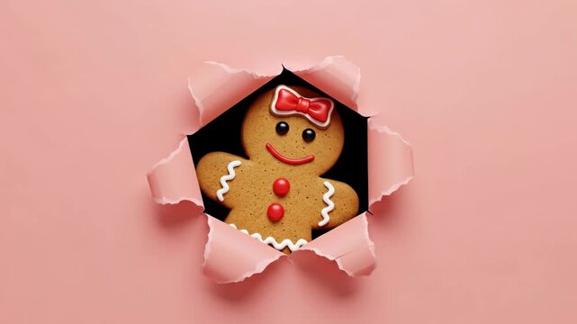 Gingerbread Woman Peeking Through Torn Paper - A cheerful gingerbread woman cookie with a red bow peeks through a hole in a pink background.