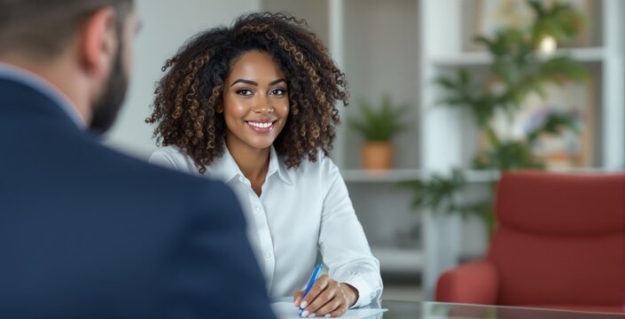 Businesswoman smiling during meeting with colleague in modern office setting, concept of professional communication and workplace collaboration. Ai generative