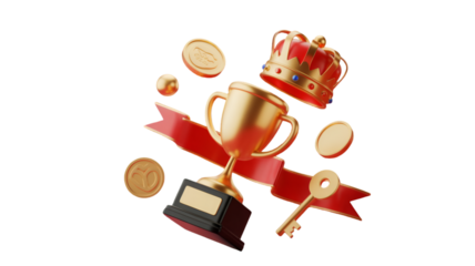 Golden Trophy, Crown, Coins, and Key on Black Background