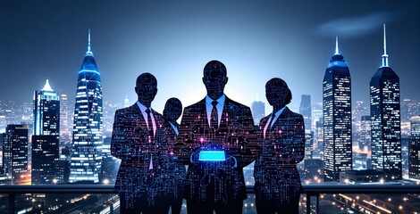 Futuristic business team concept with digital circuit silhouettes in suits holding tablet against glowing cityscape at night skyline. Ai generative