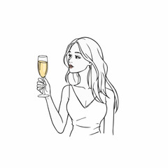 Young woman holding a glass of champagne with a thoughtful expression  