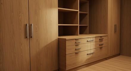 Modern wooden closet with ample storage and sleek drawers, creating a stylish and organized space.