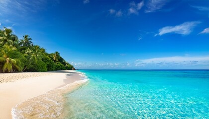 Fototapeta premium a picturesque tropical beach with clear blue waters and white sandy shores under a bright sunlit sky