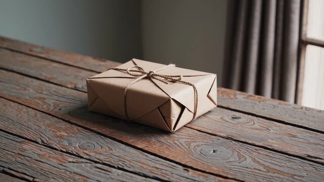 A rustic video concept featuring a brown paper package tied with twine on a wooden table. Shot from a side angle, capturing natural light from a window.
