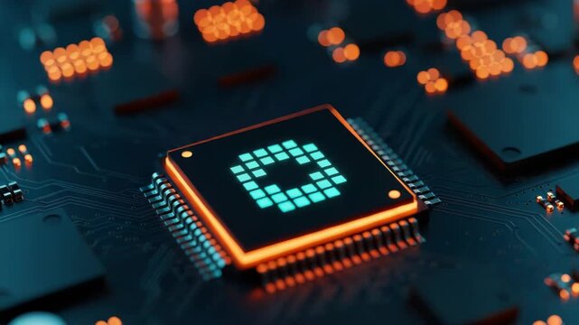 A closeup view of a glowing blue central processing unit on a complex electronic circuit board with orange illuminated components